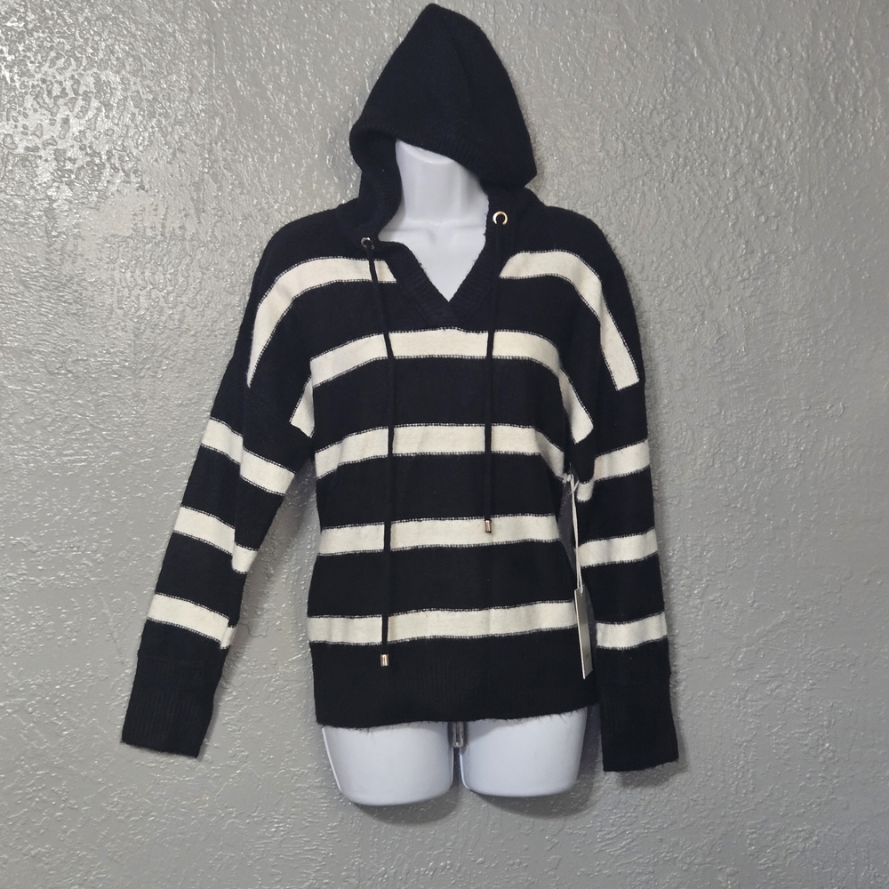 Joie Black and White Striped V-Neck Sweater